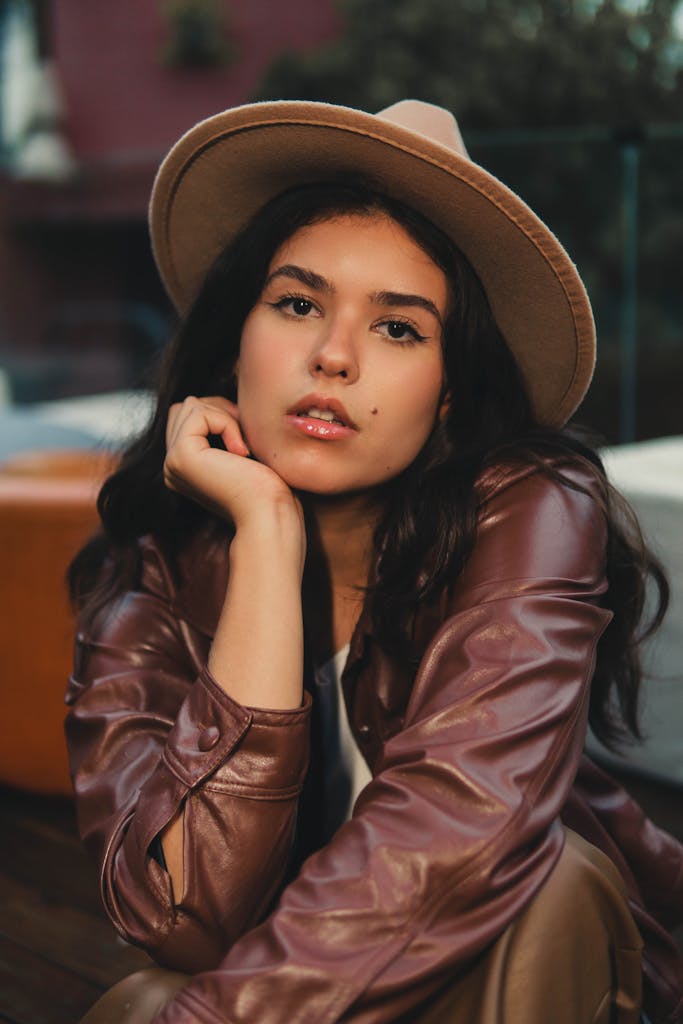 Elegant portrait of a woman in a leather jacket and hat, São Paulo.